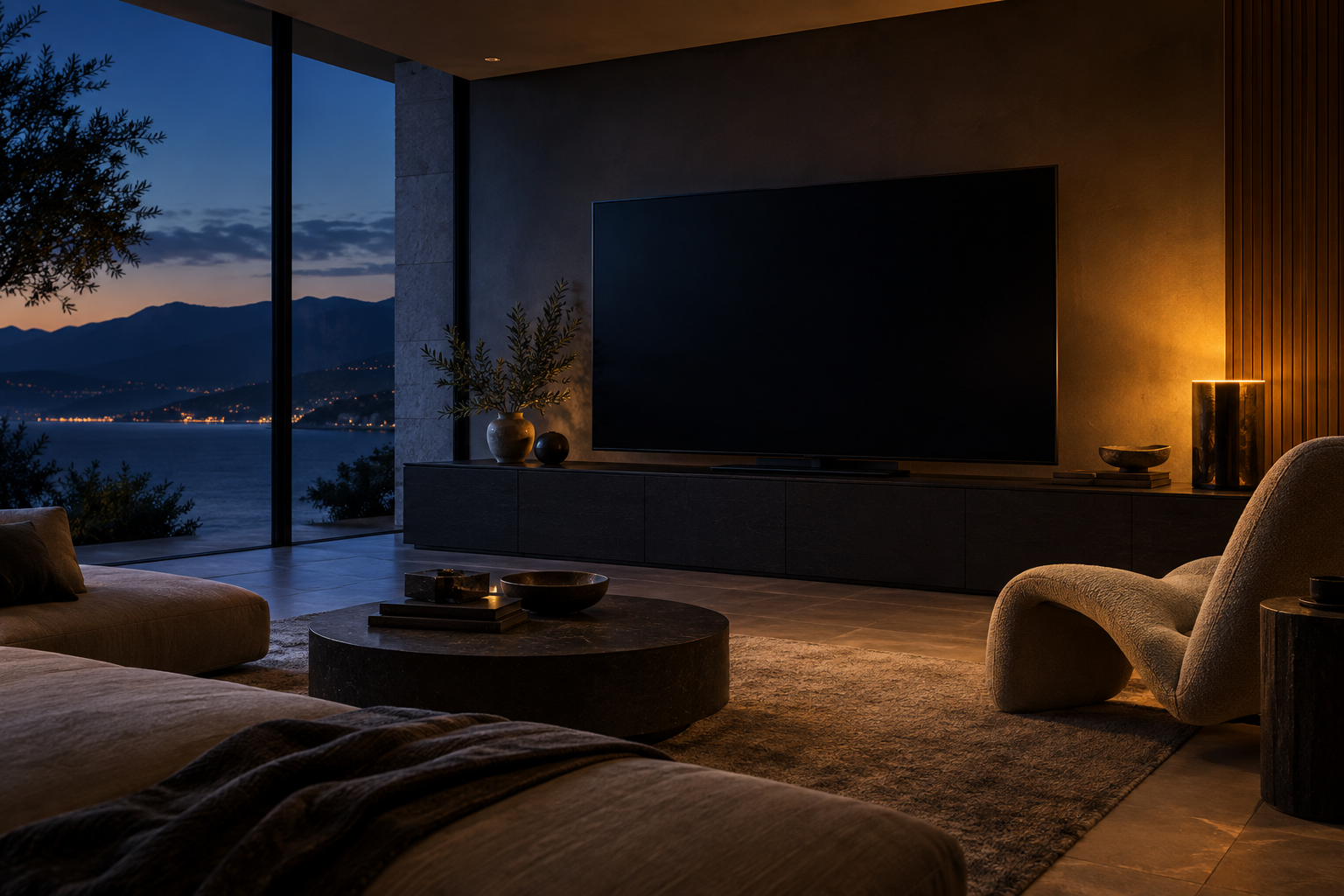 A softly lit home cinema with blue evening light and warm amber accents